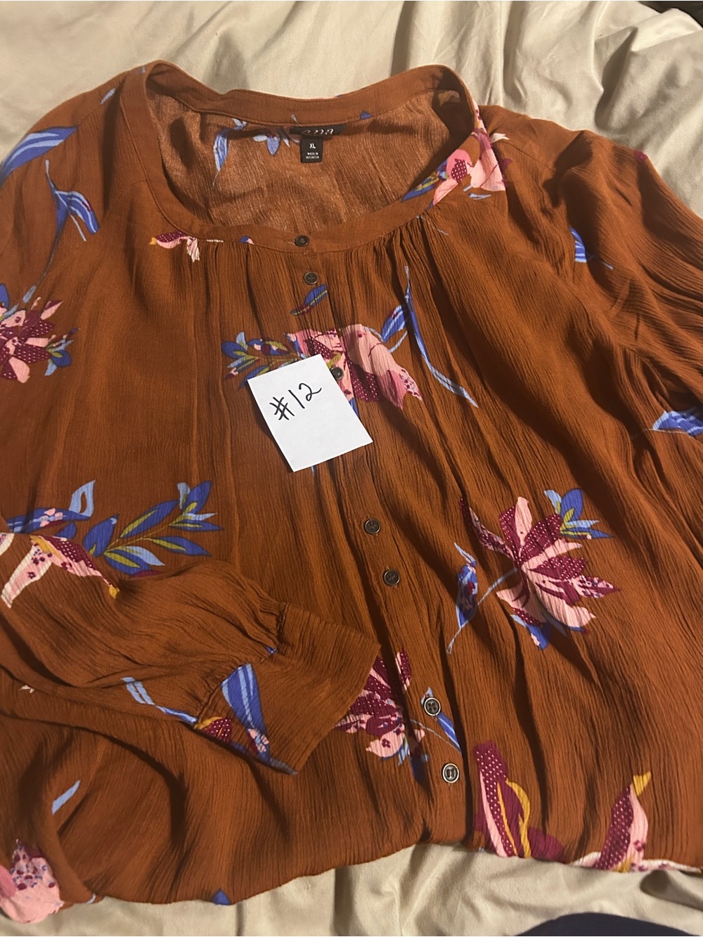 a.n.a Rust Floral Button-Front Blouse with Pink & Blue Accents